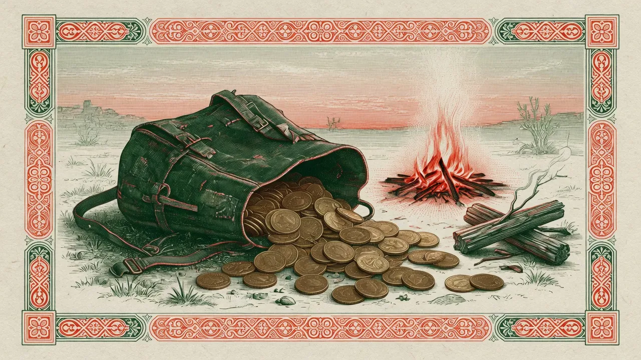 Saddlebag spilling gold coins by a campfire