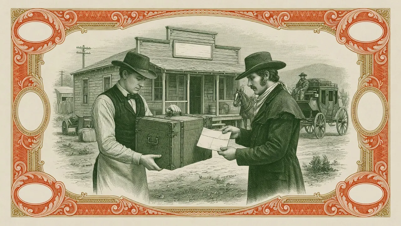 Stagecoach depot handing over a strongbox